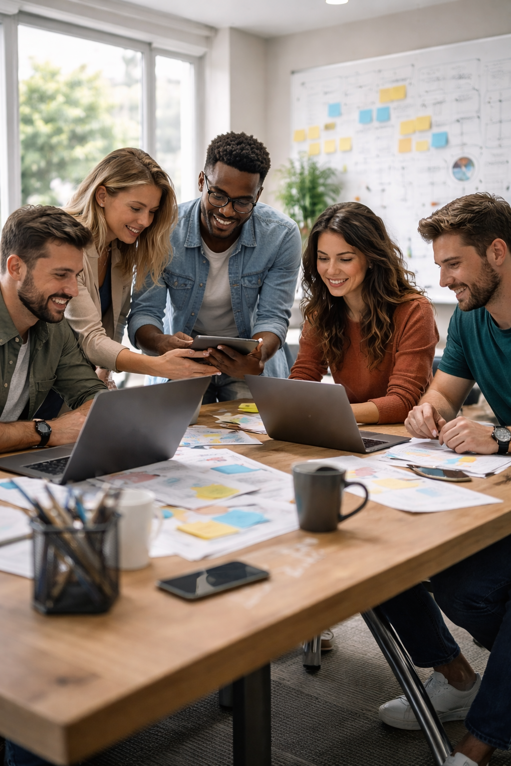 Equipo organizando operaciones digitales